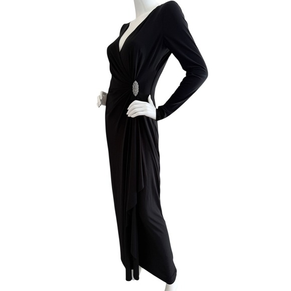 Lauren Ralph Lauren Evening Black Long Sleeve Rhinestone Embellished Wrap Gown 8 - Picture 10 of 11